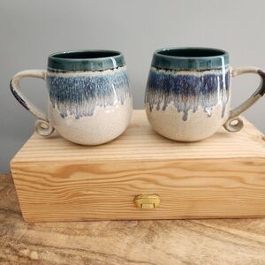 Set of 2 Stoneware Blue Drip Glaze Mugs